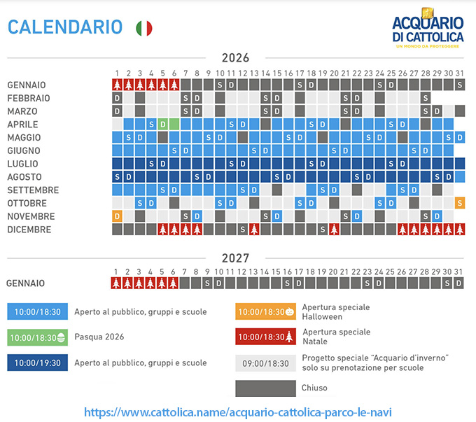 calendario Acquario di Cattolica 2026 2027 giorni orari apertura